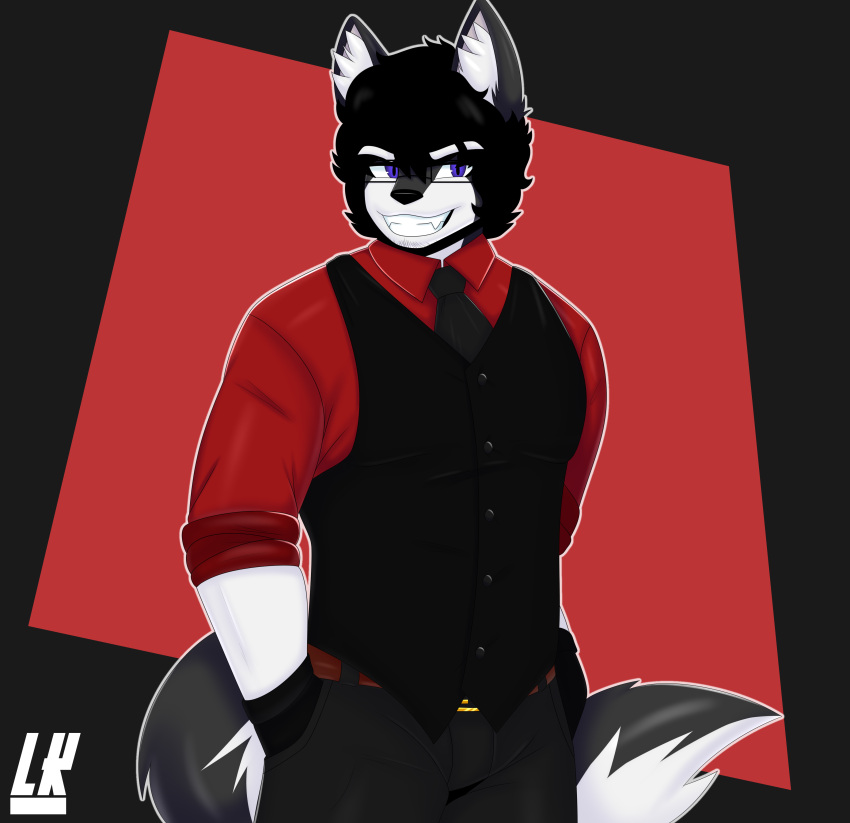 2021 absurd_res anthro belt black_clothing black_hair black_topwear black_vest canid canine canis clothed clothing digital_drawing_(artwork) digital_media_(artwork) ear_tuft facial_hair fur gloves goatee grey_body grey_fur hair hands_in_pockets handwear hi_res lobo_(lobokosmico) lobokosmico looking_at_viewer male mammal muscular muscular_male necktie pockets purple_eyes red_background red_clothing red_shirt red_topwear sharp_teeth shirt simple_background smile solo suit teeth topwear tuft vest white_body white_fur wolf