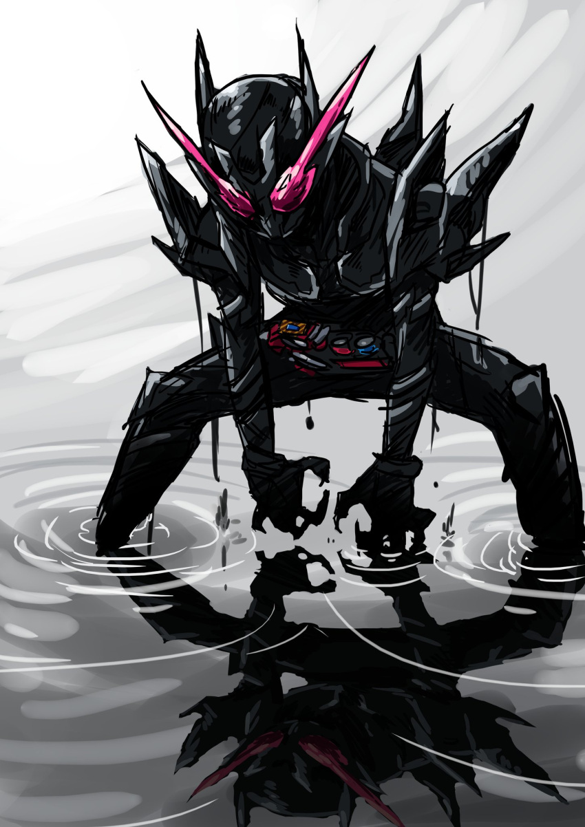 1boy after_battle armor black_armor build_driver driver fullbottle hazard_trigger highres kamen_rider kamen_rider_build kamen_rider_build_(series) looking_down otokamu rabbit+tank_form_(black_hazard) red_eyes reflection reflective_water rider_belt