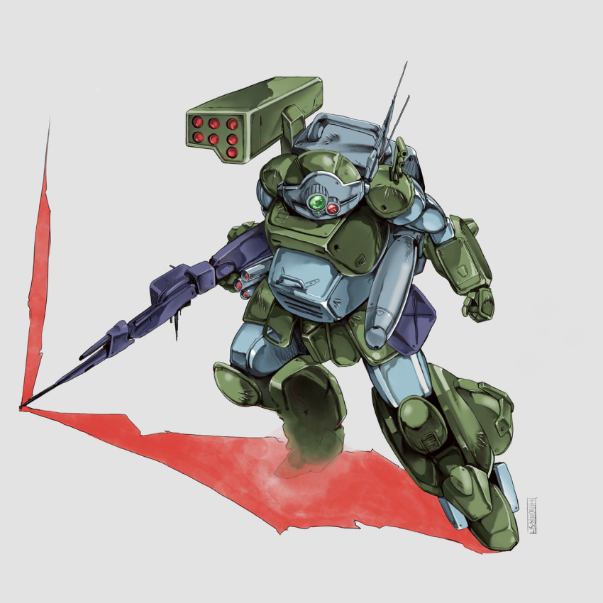 clenched_hand english_commentary gun highres hinomars19 holding holding_gun holding_weapon looking_ahead looking_down mecha missile_pod no_humans radio_antenna science_fiction scopedog solo soukou_kihei_votoms weapon