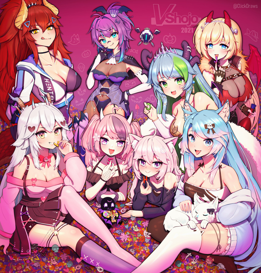 6+girls absurdres animal_ears annotated black_bow black_skirt blonde_hair blue_hair blue_jacket blue_sweater bow breasts bsapricot_(vtuber) bsapricot_(vtuber)_(cosplay) cat_ears cat_girl cleavage clickdraws collarbone cosplay costume_switch demon_horns dragon_horns everyone eyebrows_visible_through_hair hair_bow highres hime_hajime hime_hajime_(cosplay) hood hoodie horns ironmouse ironmouse_(cosplay) jacket large_breasts licking_lips looking_at_viewer medium_breasts melody_(projektmelody) melody_(projektmelody)_(cosplay) multicolored_hair multiple_girls multiple_horns nyatasha_nyanners nyatasha_nyanners_(cosplay) petting ponytail projektmelody purple_eyes purple_hair red_hair robot short_sidetail silver_hair silvervale silvervale_(cosplay) skirt smile streaked_hair suspenders sweater t0m_(projektmelody) tiara tongue tongue_out vei_(vtuber) vei_(vtuber)_(cosplay) virtual_youtuber vshojo white_hoodie wolf wolf_ears wolf_girl zentreya_(vtuber) zentreya_(vtuber)_(cosplay)