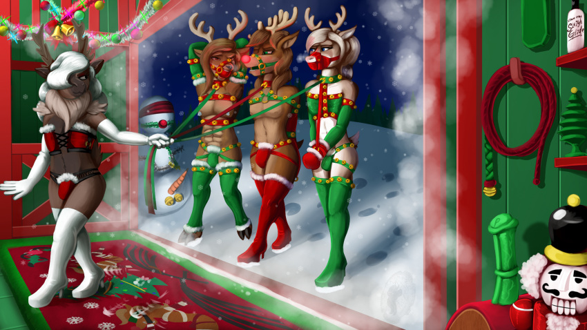 2021 anthro bdsm bondage bound bulge capreoline cervid christmas christmas_clothing clothed clothing comet_(reindeer) crossdressing dasher fan_character girly group hi_res holidays leash male male/male mammal quakehoof reindeer rudolph_the_red_nosed_reindeer submissive submissive_male