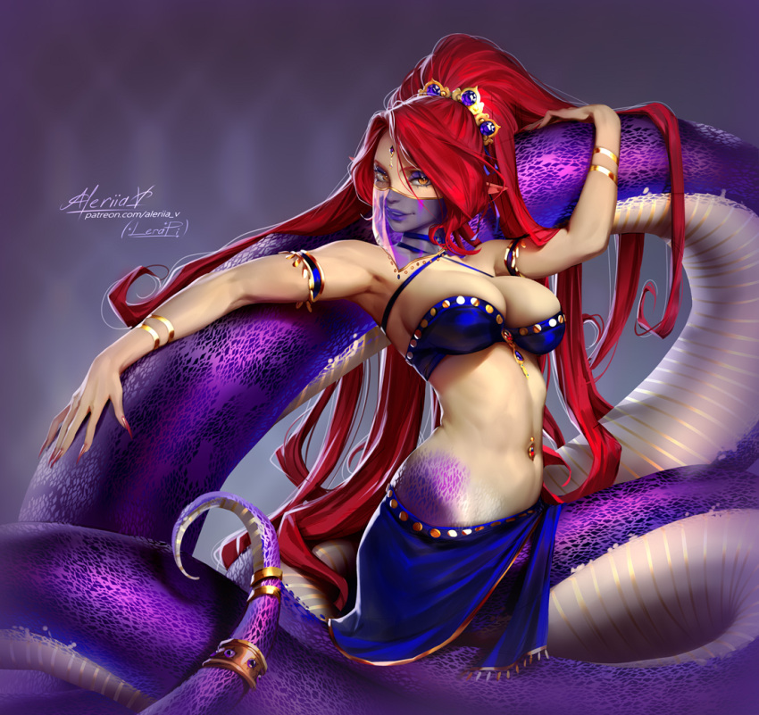 apode big_breasts breasts cleavage clothed clothing draconcopode female hair lamia legless lerapi long_hair looking_at_viewer red_hair reptile scalie serpentine snake solo split_form veil