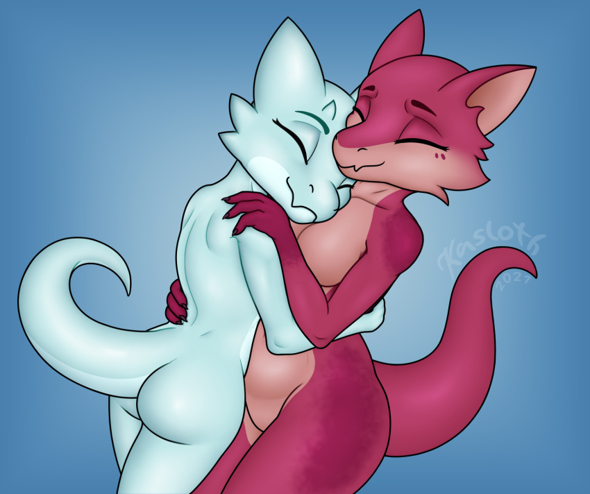 anihri_(kasloth) anthro breasts butt claws cuddling digital_media_(artwork) duo embrace eyes_closed featureless_breasts featureless_crotch female female/female fingers hi_res hug kasloth kobold markings navel non-mammal_breasts nude reptile roza_(kasloth) scalie shaded simple_background smile soft_shading spikes spikes_(anatomy) spots spotted_body wide_hips