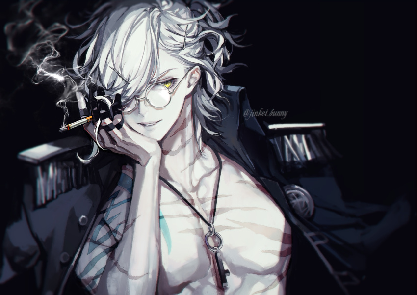 1boy cigarette edmond_dantes_(fate) eyelashes fate/grand_order fate_(series) hair_ornament hairpin holding jacket jewelry koshika_rina long_hair male_focus necklace one_eye_covered open_mouth silver_hair smile solo wavy_hair white_hair yellow_eyes