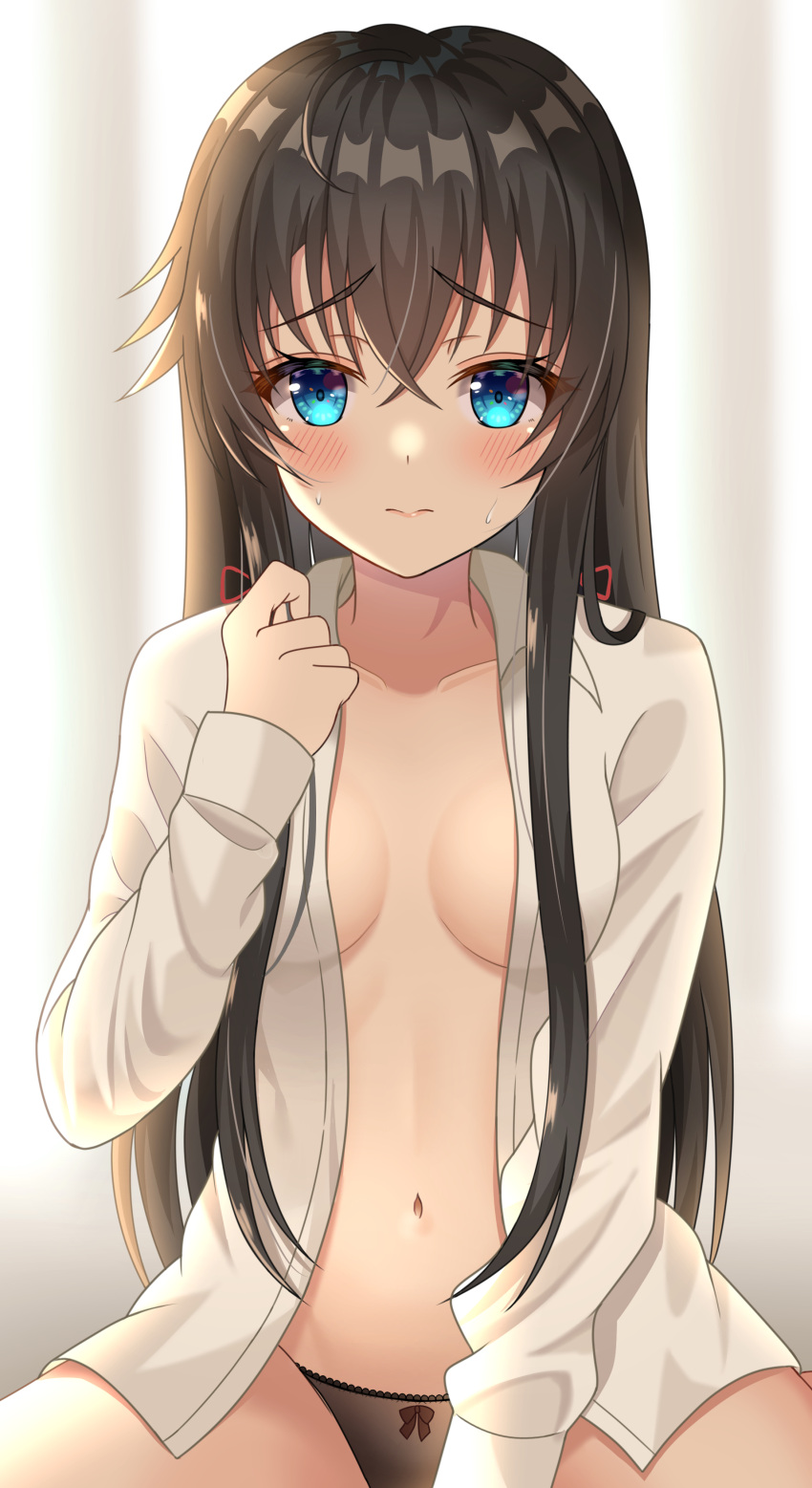 1girl absurdres bangs black_hair black_panties blue_eyes blush borrowed_garments bow bow_panties breasts collared_shirt eyebrows_visible_through_hair hair_ribbon highres hisui_(user_zvkr2432) long_hair long_sleeves looking_at_viewer naked_shirt navel no_bra open_clothes open_shirt panties ribbon shirt small_breasts solo thighs underwear white_shirt yahari_ore_no_seishun_lovecome_wa_machigatteiru. yukinoshita_yukino