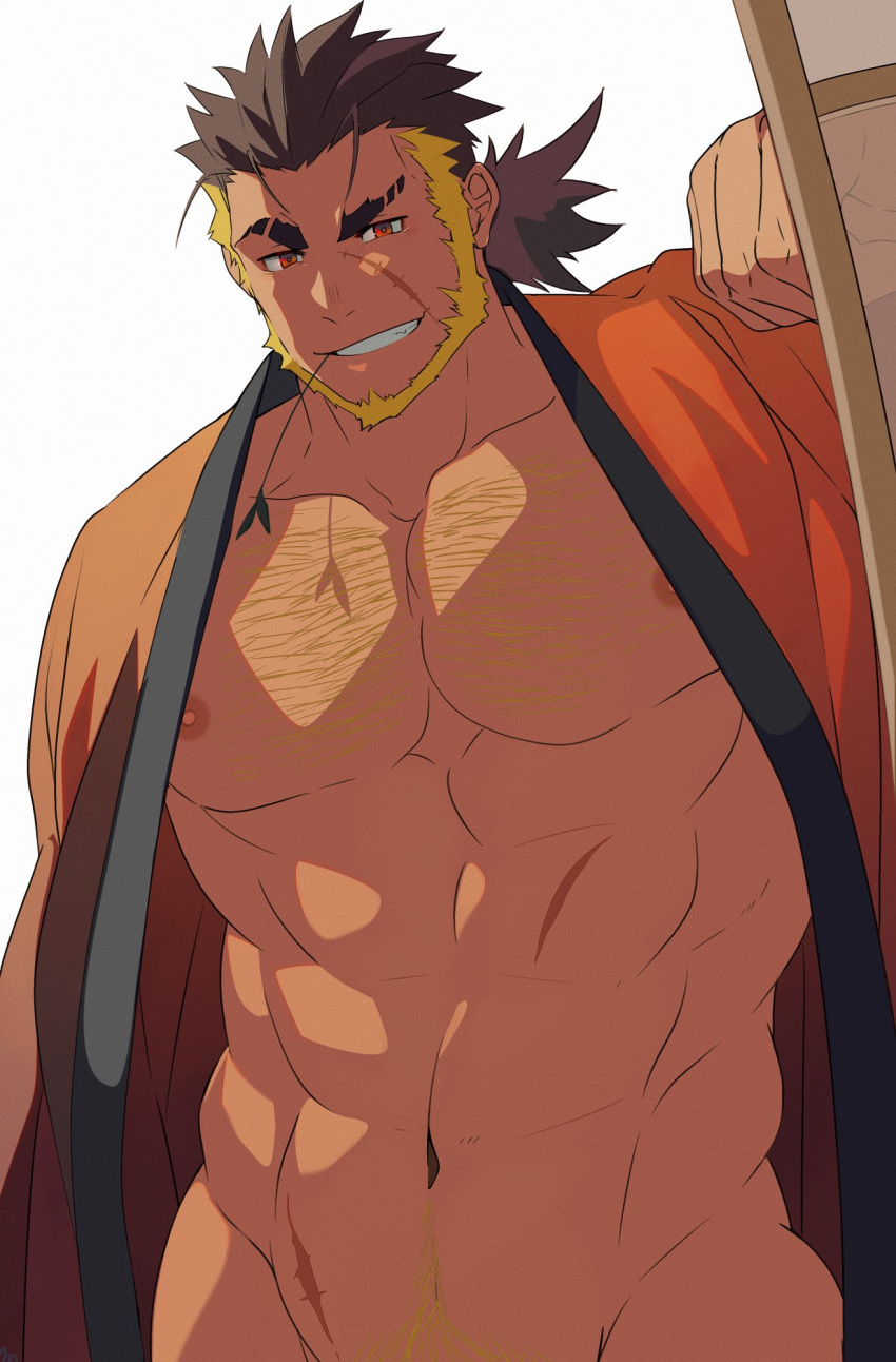 1boy abs another_eidos-r bara bare_pectorals beard bottomless brown_hair chest_hair crow_(siranui) eyebrow_cut facial_hair groin hand_up highres japanese_clothes jinnosuke_(another_eidos) kimono large_pectorals long_hair male_focus male_pubic_hair mature_male mint multicolored_hair muscular muscular_male naked_kimono navel navel_hair nipples open_clothes open_kimono orange_eyes orange_kimono out-of-frame_censoring pectorals pubic_hair scar scar_on_cheek scar_on_face scar_on_stomach seductive_smile smile solo spiked_hair stomach thick_eyebrows tied_hair two-tone_hair