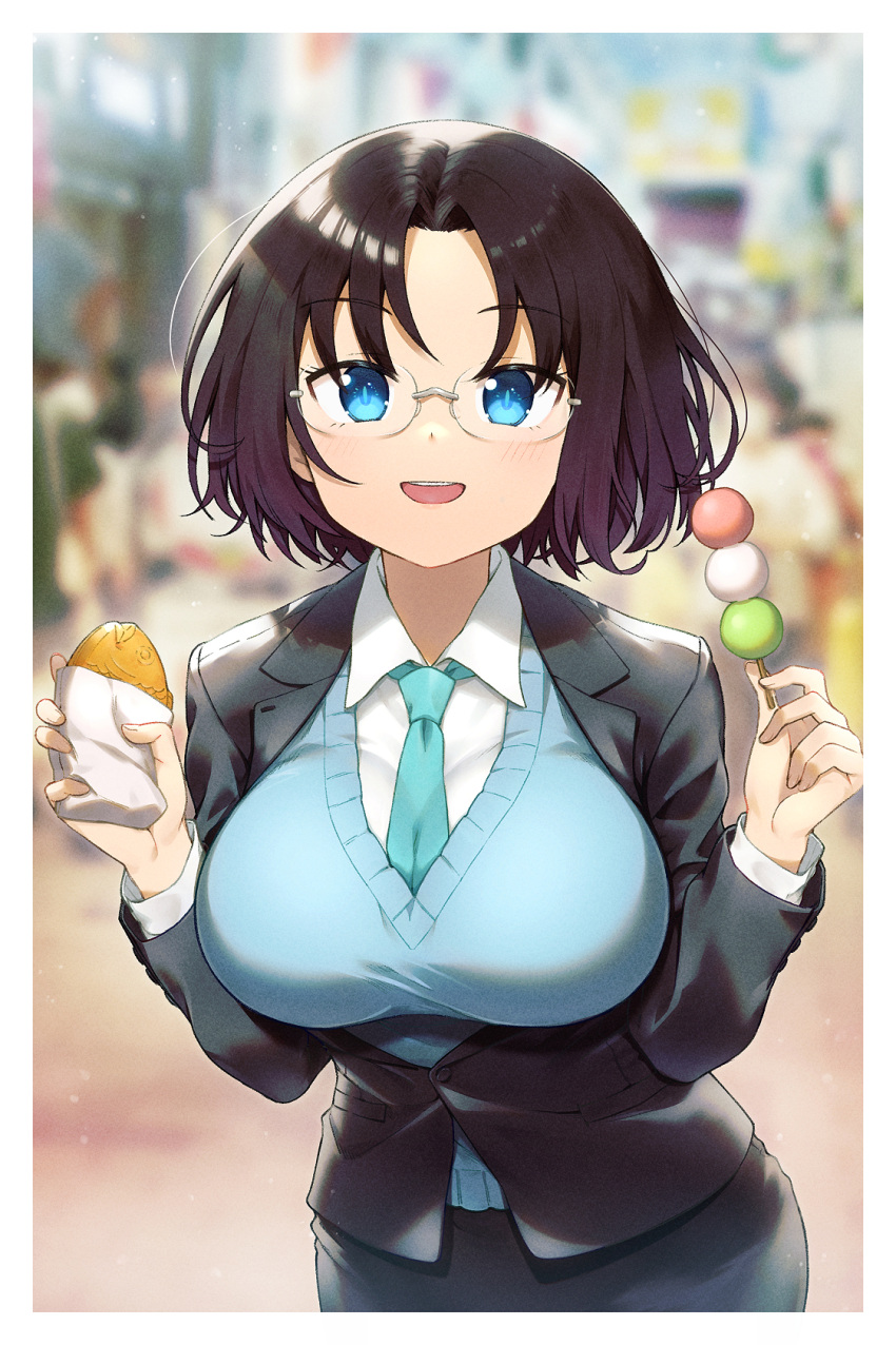 1girl aqua_necktie aqua_sweater_vest bangs black_hair black_jacket blue_eyes blurry blurry_background collared_shirt dango dragon_girl elma_(maidragon) food food_request glasses hands_up highres holding holding_food jacket kobayashi-san_chi_no_maidragon long_sleeves looking_at_viewer mj_nameraka necktie open_mouth sanshoku_dango shirt short_hair smile solo upper_body wagashi white_shirt