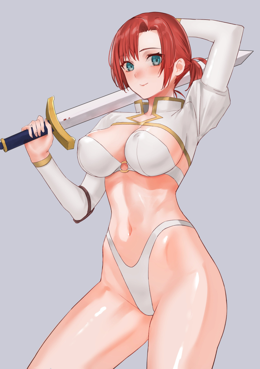 1girl absurdres bikini blue_eyes boudica_(fate) breasts commentary_request cowboy_shot fate/grand_order fate_(series) grey_background hair_between_eyes highleg highleg_bikini highres holding holding_sword holding_weapon long_sleeves looking_at_viewer medium_breasts navel o-ring o-ring_top ponytail red_hair sawatari_kazuma shrug_(clothing) simple_background smile solo strapless strapless_bikini swimsuit sword weapon