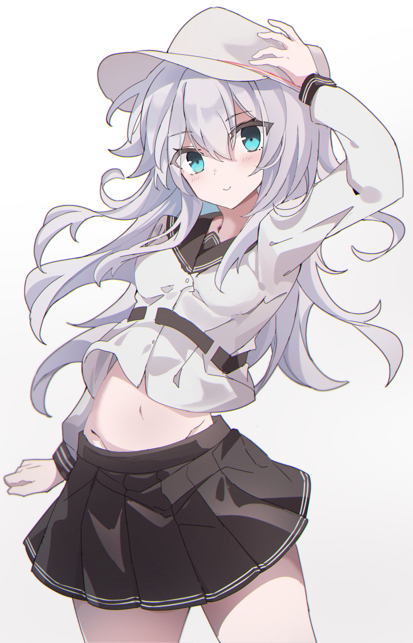 1girl absurdres bad_anatomy black_sailor_collar black_skirt blue_eyes blush closed_mouth cowboy_shot eyebrows_visible_through_hair fathom gradient gradient_background hair_between_eyes hammer_and_sickle hat hibiki_(kancolle) highres kantai_collection long_hair long_sleeves navel pleated_skirt sailor_collar sailor_shirt shirt silver_hair skirt smile solo verniy_(kancolle) white_headwear white_shirt