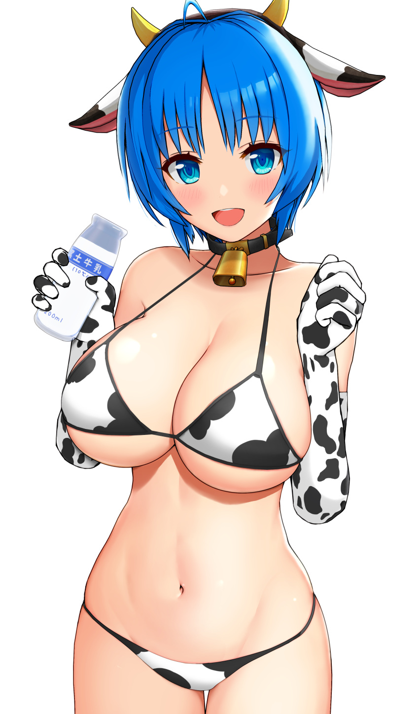 1girl :d absurdres ahoge animal_collar animal_ears animal_print bell bikini blue_eyes blue_hair blush bottle breasts cleavage collar cow_ears cow_horns cow_print cowbell custom_maid_3d_2 elbow_gloves fake_animal_ears fake_horns gloves hands_up highres holding holding_bottle horns kametaro0723 large_breasts looking_at_viewer milk_bottle navel neck_bell open_mouth original short_hair simple_background skindentation smile solo stomach strap_gap swimsuit thigh_gap white_background