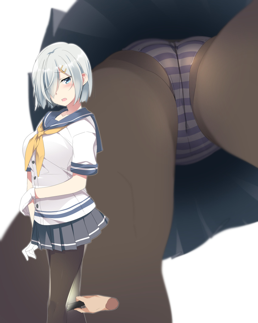 1girl black_legwear blue_eyes blue_sailor_collar blush buttons collarbone from_below grey_skirt hair_ornament hair_over_one_eye hairclip hamakaze_(kancolle) hands highres kantai_collection mtu_(orewamuzituda) multiple_views neckerchief open_mouth panties pantyhose pleated_skirt sailor_collar school_uniform serafuku short_hair short_sleeves silver_hair simple_background skirt striped striped_panties underwear white_background yellow_neckerchief