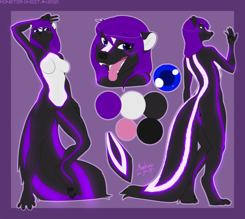 2021 4_toes 5_fingers anthro black_nose blue_eyes breasts digital_media_(artwork) featureless_breasts featureless_crotch feet female fingers mammal mephitid monstercheetah nude open_mouth purple_eyes skunk smile solo teeth toes tongue