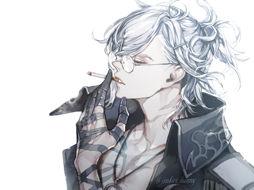 1boy bandaged_hand bandages bangs bespectacled cigarette closed_eyes coat edmond_dantes_(fate) fate/grand_order fate_(series) glasses highres holding koshika_rina long_hair male_focus open_mouth silver_hair smoking solo wavy_hair white_hair
