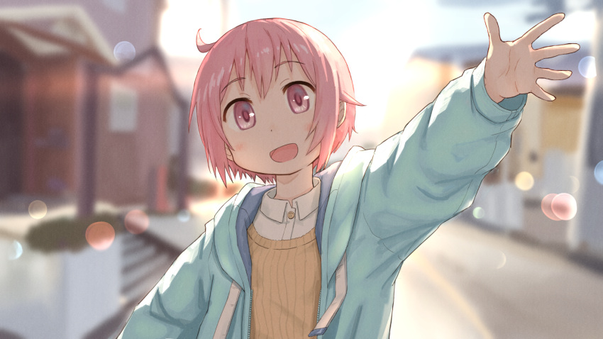 1girl :d blue_jacket blurry blurry_background brown_sweater collared_shirt commentary_request day depth_of_field drawstring dress_shirt hood hood_down hooded_jacket jacket looking_at_viewer nonohara_yuzuko open_clothes open_jacket outdoors outstretched_arm pink_hair purple_eyes ribbed_sweater shirt smile solo sweater umiroku upper_body white_shirt yuyushiki