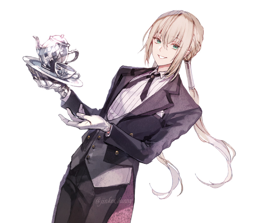 1boy bangs bedivere_(fate) bishounen blonde_hair butler collared_shirt cup fate/grand_order fate_(series) gloves green_eyes hair_between_eyes highres holding knights_of_the_round_table_(fate) koshika_rina long_hair looking_at_viewer male_focus official_alternate_costume open_mouth ponytail shirt smile solo teacup teapot white_gloves