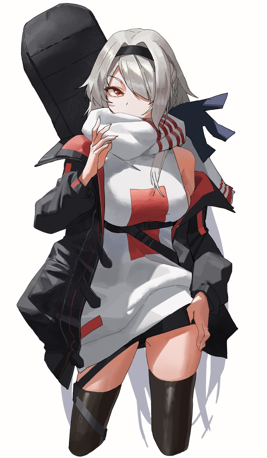 1girl absurdres azur_lane black_coat black_hairband black_legwear braid breasts coat colorado_(azur_lane) colorado_(traveling_melody)_(azur_lane) eyebrows_visible_through_hair grey_hair guitar_case hairband highres instrument_case instrument_on_back l.j. long_hair looking_at_viewer medium_breasts official_alternate_costume open_clothes open_coat red_eyes scarf scarf_over_mouth side_braid simple_background standing sweater thighhighs very_long_hair white_background white_scarf white_sweater