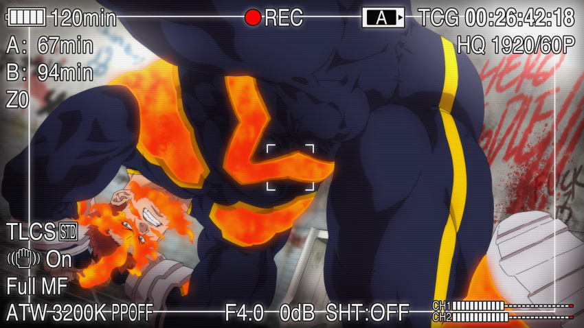 1boy all_fours bara beard blue_bodysuit blue_eyes bodysuit boku_no_hero_academia bulge clenched_teeth covered_anus covered_penis crotch endeavor_(boku_no_hero_academia) facial_hair fire from_behind from_below highres konohanaya large_pectorals looking_at_viewer male_focus mature_male muscular muscular_male pectorals recording red_hair reward_available short_hair solo spiked_hair stubble teeth thick_thighs thighs viewfinder