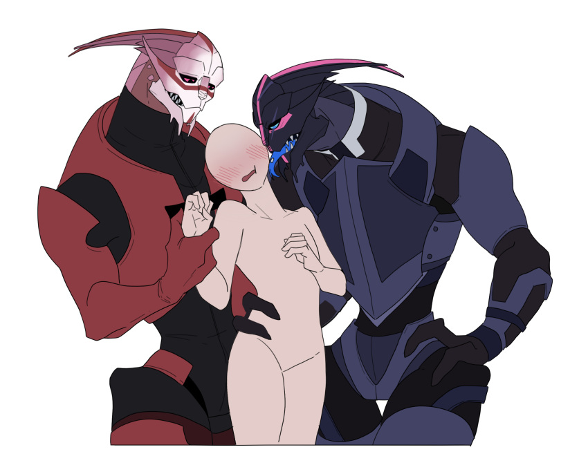 alien ambiguous_gender armor blue_eyes blue_tongue blush bodypaint brother brothers cheek_lick clothed clothing enzea_jalquiks face_lick face_paint facial_scar featureless_face group hand_on_hip hi_res human larger_alien larger_male leafjuly licking male male/ambiguous mammal mass_effect nude open_mouth piercing red_eyes rigen_jalquiks scar sibling size_difference smaller_ambiguous smaller_human teeth tongue tongue_out tongue_piercing turian video_games wrist_grab