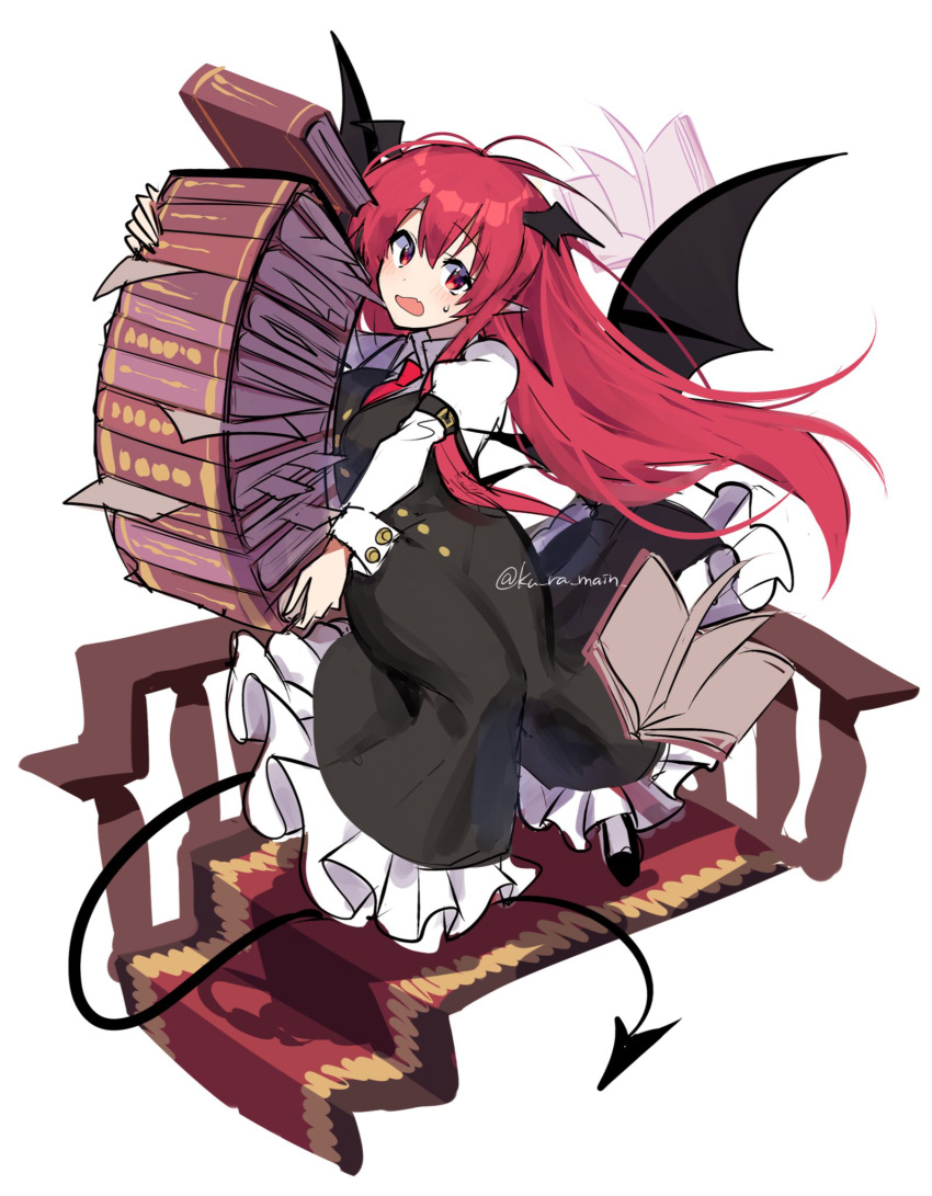 1girl :o ahoge arm_belt bat_wings black_dress black_footwear blush book book_stack bookmark breasts buttons collared_shirt demon_tail demon_wings dot_nose dress dress_shirt dropping eyebrows_visible_through_hair fang frilled_dress frills full_body hair_between_eyes head_tilt head_wings highres holding holding_book juliet_sleeves koakuma kuroshirase layered_clothing long_hair long_sleeves long_tail looking_to_the_side low_wings medium_breasts necktie open_book paper pointy_ears puffy_sleeves railing red_eyes red_hair red_necktie shirt sidelocks simple_background sketch skin_fang sleeve_cuffs solo stairs sweatdrop tail too_many too_many_books touhou twitter_username very_long_hair white_background white_shirt wings