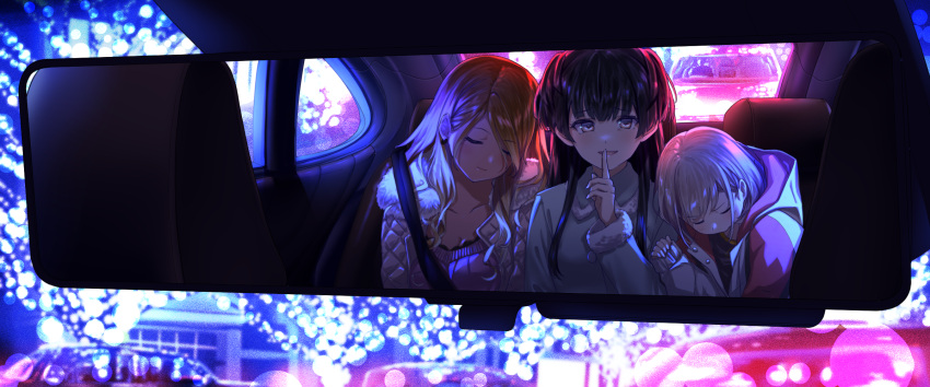 3girls black_hair blurry bokeh car_interior coat depth_of_field finger_to_mouth fur-trimmed_coat fur_trim highres idolmaster idolmaster_shiny_colors izumi_mei kaede_(harutan109) leaning_on_person light_smile looking_at_viewer mayuzumi_fuyuko mirror_image multiple_girls rear-view_mirror safety_belt serizawa_asahi shushing sitting sleeping straylight_(idolmaster) two_side_up