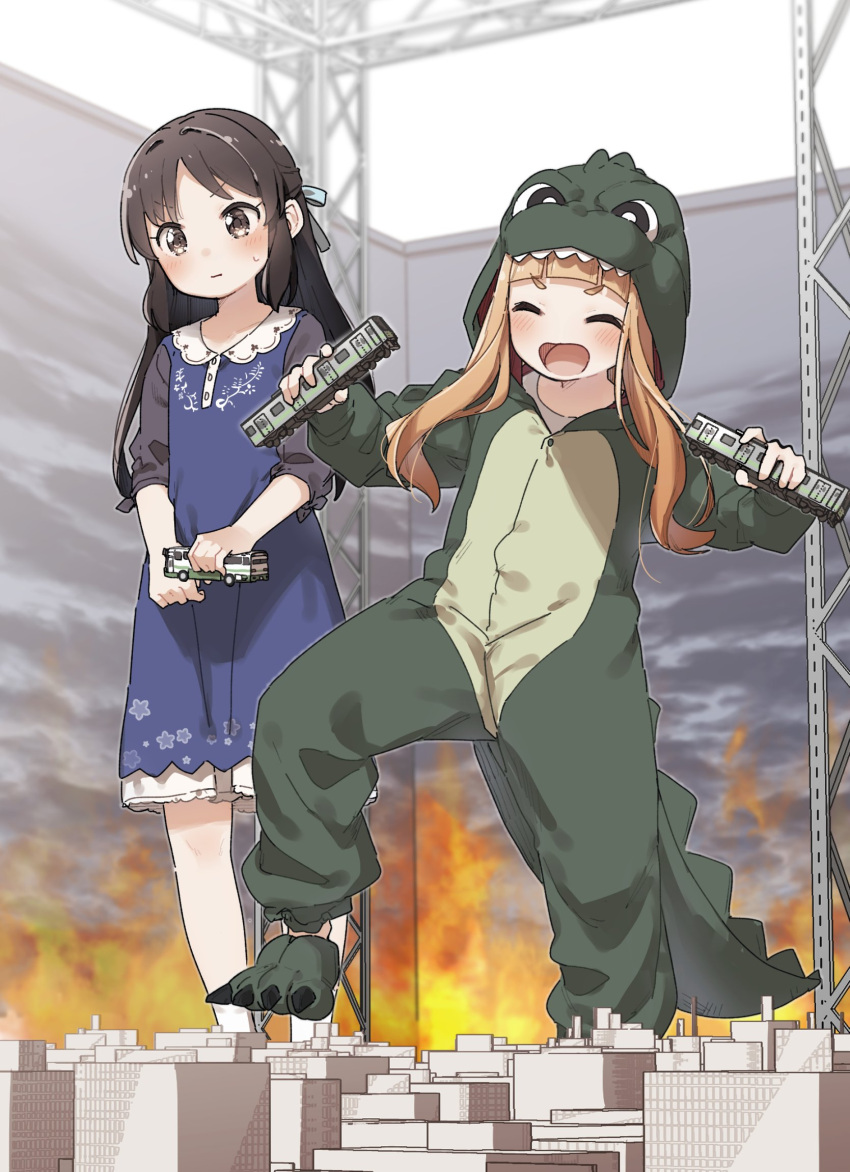 2girls :d ^_^ bangs black_hair blue_dress blush brown_eyes brown_hair closed_eyes collared_dress commentary_request cosplay costume dress eyebrows_visible_through_hair godzilla godzilla_(cosplay) godzilla_(series) highres holding ichihara_nina idolmaster idolmaster_cinderella_girls long_hair long_sleeves multiple_girls parted_bangs smile socks standing standing_on_one_leg sweat tachibana_arisu v-shaped_eyebrows very_long_hair white_legwear yukie_(kusaka_shi)