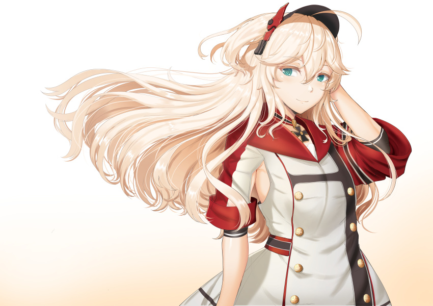 1girl absurdres admiral_hipper_(azur_lane) arm_behind_head azur_lane bangs blonde_hair breasts chiyo_goya closed_mouth commission cross eyebrows_visible_through_hair green_eyes highres iron_cross jewelry long_hair looking_at_viewer necklace simple_background small_breasts smile solo uniform upper_body