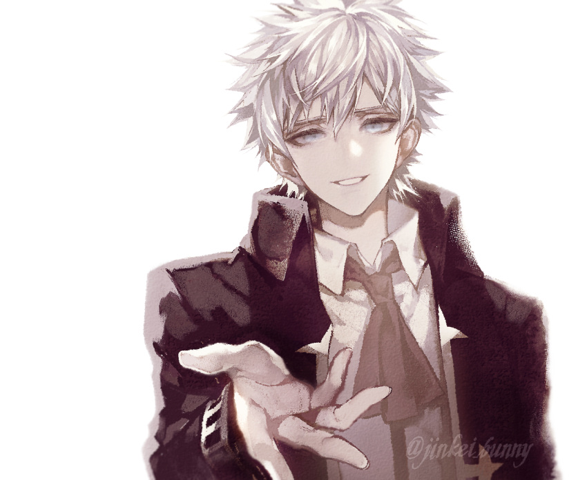 1boy bangs blue_eyes charles-henri_sanson_(fate) coat collared_shirt fate/grand_order fate_(series) gloves hair_between_eyes koshika_rina long_sleeves looking_at_viewer male_focus necktie open_mouth reaching_out red_necktie shirt short_hair smile solo white_hair white_shirt