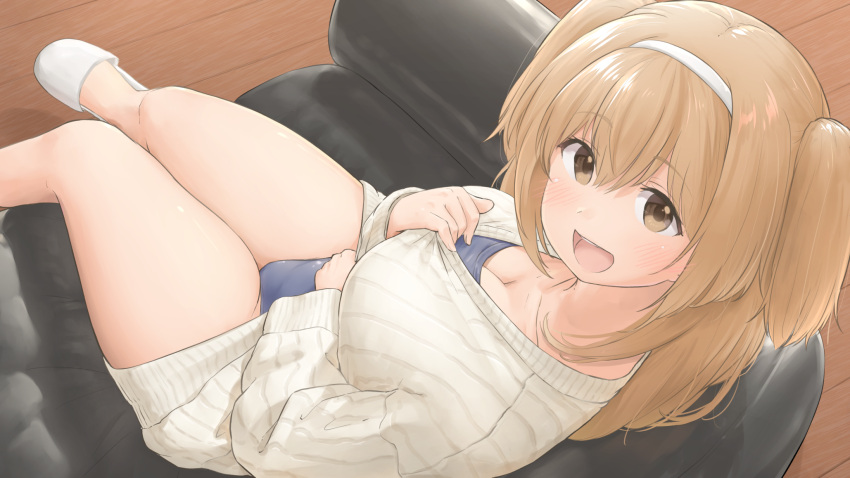 1girl blue_swimsuit blush breasts brown_eyes cleavage eyebrows_visible_through_hair hair_between_eyes highres i-26_(kancolle) kantai_collection large_breasts light_brown_hair long_hair long_sleeves looking_at_viewer one-piece_swimsuit open_mouth school_swimsuit sitting slippers smile solo sweater swimsuit swimsuit_under_clothes teeth two_side_up upper_teeth wamu_(chartreuse) white_sweater