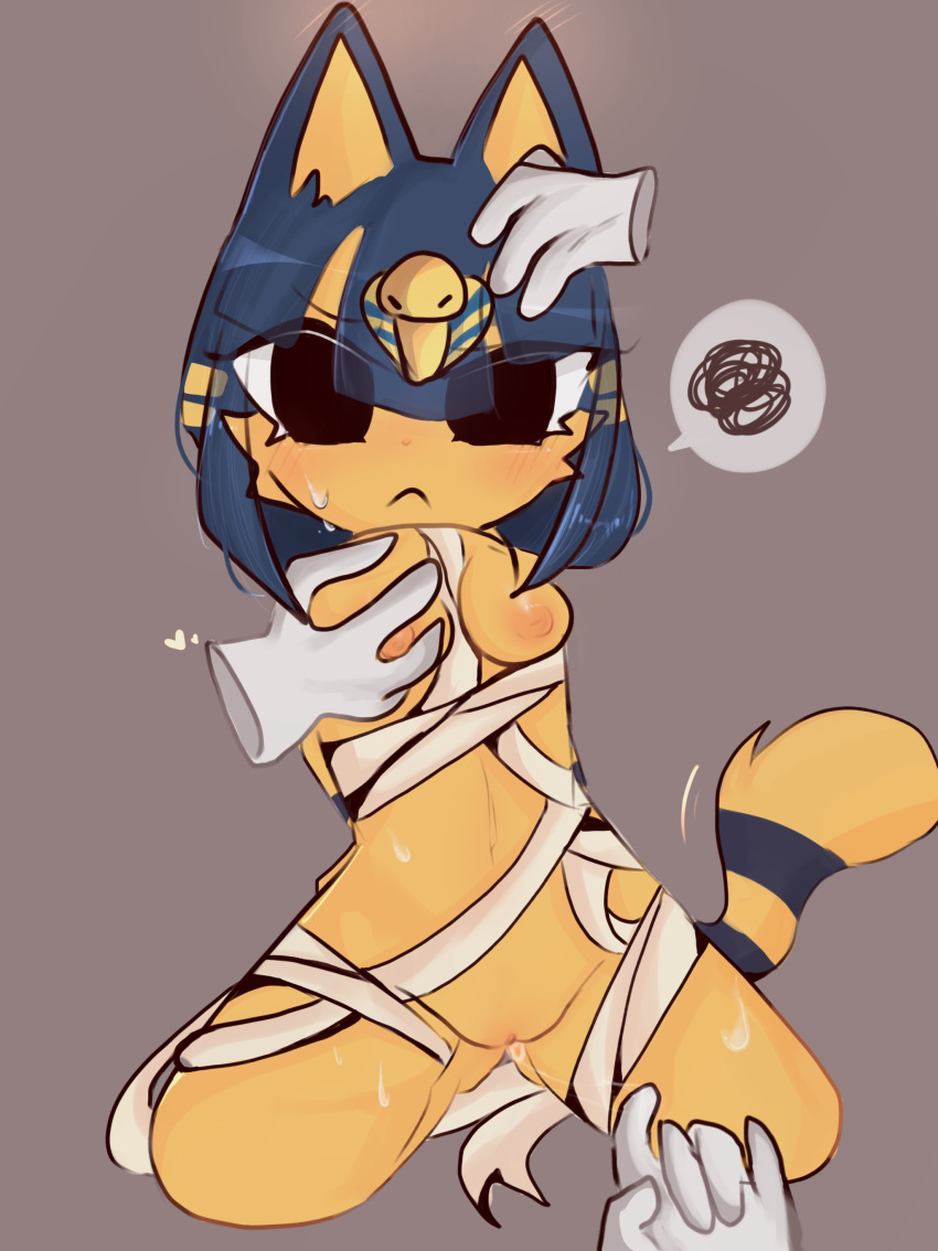 absurd_res animal_crossing ankha_(animal_crossing) anthro breasts disembodied_hand female genitals hand_on_breast hi_res marinemarines2 nintendo nipples pussy solo video_games