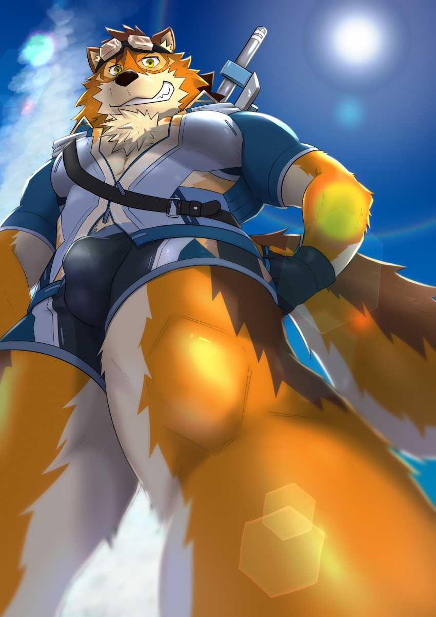 1boy absurdres animal_ears bara barrel_(live_a_hero) beige_fur brown_fur bulge chest_hair dog_boy dog_ears dog_tail dotsu_(wtnbkwiyd) feet_out_of_frame furry furry_male goggles goggles_on_head grey_male_swimwear grin highres large_tail live_a_hero looking_at_viewer male_focus male_swimwear muscular muscular_male official_alternate_costume orange_fur partially_unbuttoned pectorals perspective short_hair smile solo sunlight swim_briefs tail thick_thighs thighs