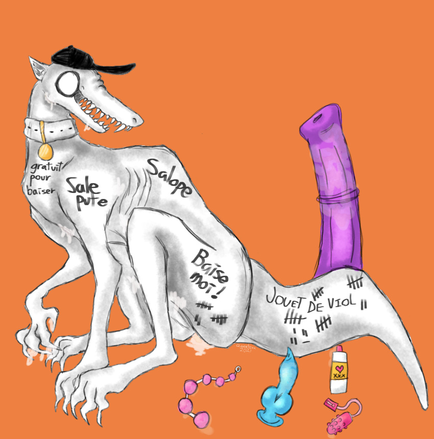 anal_beads animal_dildo animal_sex_toy bad_batter_(off) baseball_cap bodily_fluids body_writing canine_dildo claws clothing collar cum cum_in_mouth cum_inside cum_on_body cum_pool digitigrade dildo english_text equine_dildo fangs feral genital_fluids hat headgear headwear hi_res lube_bottle male monster off_(game) queentexx semi-anthro sex_toy sitting slim solo tally_marks teeth text the_batter_(off) vibrator video_games visible_ribs white_body white_skin