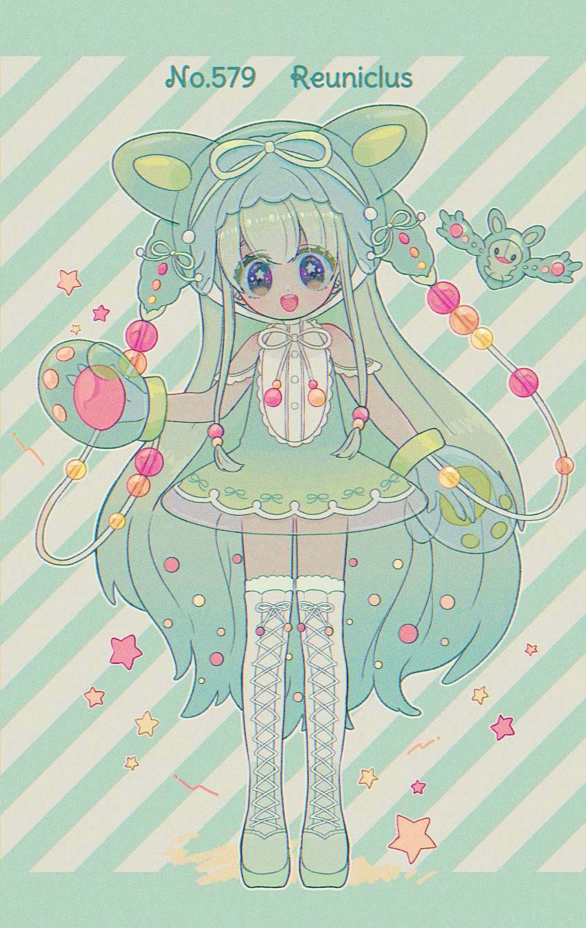 1girl absurdres blush boots character_name cross-laced_footwear full_body green_footwear green_hair highres lace-up_boots long_hair looking_at_viewer mameeekueya open_mouth personification pokemon pokemon_(creature) reuniclus smile star-shaped_pupils star_(symbol) symbol-shaped_pupils teeth thigh_boots thighhighs upper_teeth very_long_hair