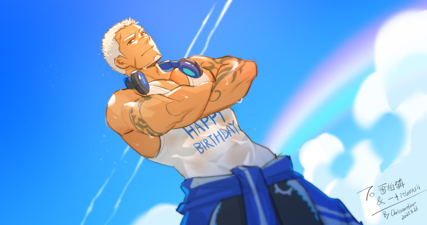 1boy bara bare_arms character_request chrisanother clothes_around_waist crossed_arms dark-skinned_male dark_skin dutch_angle eyebrow_cut gift_art happy_birthday headphones headphones_around_neck indie_virtual_youtuber jacket jacket_around_waist long_sideburns male_focus mature_male muscular muscular_male pectoral_cleavage pectoral_press pectorals scar scar_on_cheek scar_on_face see-through shirt short_hair sideburns sidepec sky smile solo tank_top thick_eyebrows virtual_youtuber wet wet_clothes wet_shirt white_hair white_tank_top