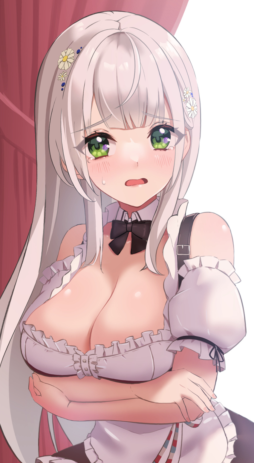 1girl ahoge bangs bavaria blush bow bowtie breasts cleavage detached_sleeves dirndl eyebrows_visible_through_hair flower german_clothes green_eyes hair_flower hair_ornament highres hololive large_breasts long_hair looking_at_viewer maid open_mouth shimaketa shirogane_noel silver_hair solo tearing_up very_long_hair virtual_youtuber