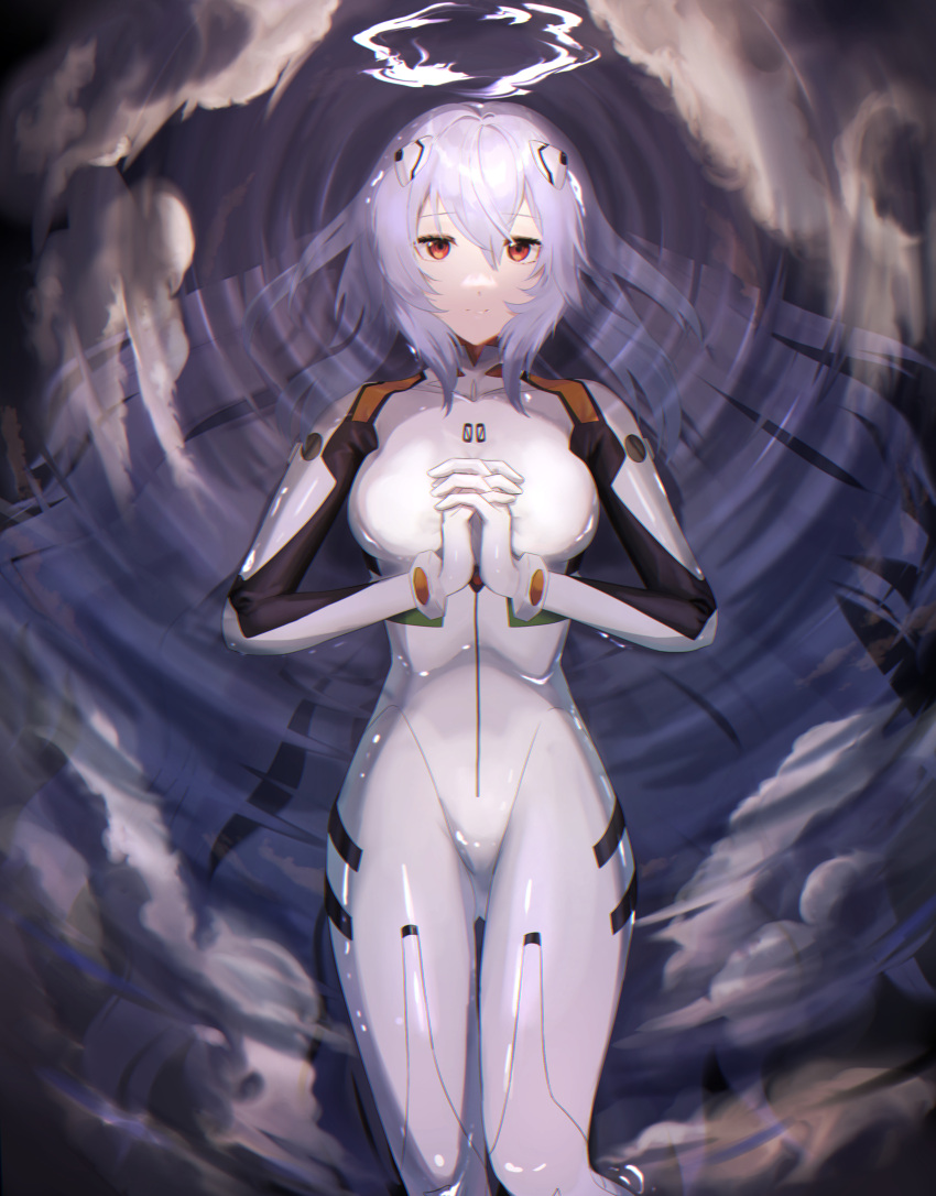 1girl absurdly_long_hair absurdres ayanami_rei bangs blush bodysuit breasts closed_mouth cloud cloudy_sky commentary_request evangelion:_3.0+1.0_thrice_upon_a_time expressionless facing_viewer full_body gloves hair_between_eyes hairpods hands_up highres large_breasts light_blue_hair light_smile lips long_hair looking_to_the_side lucy_(rusi-juren328) lying neon_genesis_evangelion on_back own_hands_clasped own_hands_together pilot_suit plugsuit rebuild_of_evangelion red_eyes reflection ripples shiny shiny_hair sky solo thighs very_long_hair water wavy_hair white_bodysuit white_gloves