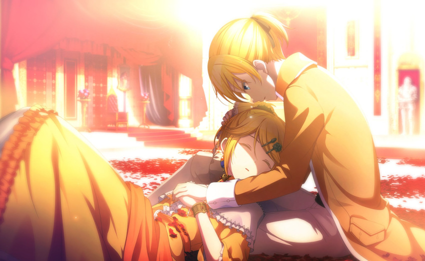 aku_no_meshitsukai_(vocaloid) artist_request blonde_hair blue_eyes butler closed_eyes evillious_nendaiki flower from_side hair_ornament hairclip highres holding_hands lap_pillow lying official_art on_back parted_lips petals project_sekai rose rose_petals shading siblings sitting tears vocaloid