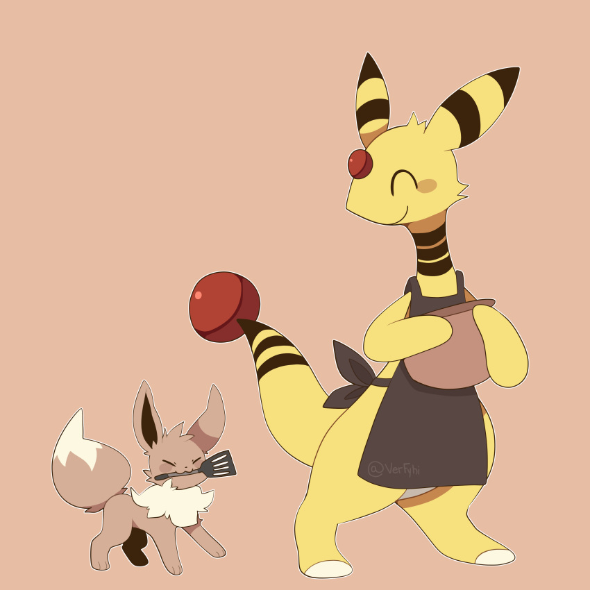 &gt;:3 3_toes :3 ^_^ absurd_res ambiguous_gender ampharos anthro apron apron_only biped black_body black_ears black_fur black_inner_ear black_tail blush blush_stickers bowl brown_body brown_ears brown_fur brown_tail canid canine cheek_tuft clothed clothing container daww digital_media_(artwork) dipstick_tail duo eevee eyes_closed facial_tuft feet feral fluffy fluffy_tail forehead_gem front_view full-length_portrait fur happy head_tuft hi_res holding_object kemono kitchen_spatula kitchen_utensils larger_ambiguous larger_anthro looking_at_another mammal markings monotone_ears mostly_nude mouth_hold multicolored_body multicolored_ears multicolored_fur neck_tuft nintendo nude object_in_mouth paws pok&eacute;mon pok&eacute;mon_(species) portrait quadruped ring_(marking) ringtail satori_(verfyhi) semi-anthro simple_background size_difference smaller_ambiguous smaller_feral smile spatula standing tail_markings tan_background three-quarter_view toeless_(marking) toes tools tuft two_tone_body two_tone_ears two_tone_fur two_tone_tail video_games white_body white_fur white_tail yellow_body yellow_ears yellow_fur yellow_tail