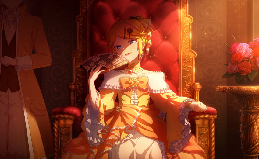aku_no_musume_(vocaloid) artist_request blonde_hair blue_eyes dress evillious_nendaiki flower frilled_sleeves frills hair_ornament hairclip hand_fan highres holding holding_fan indoors kagamine_len kagamine_rin looking_at_viewer off-shoulder_dress off_shoulder official_art project_sekai ribbon siblings smirk solo_focus throne vocaloid