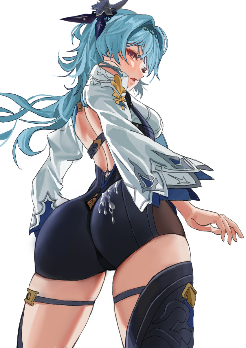 1girl absurdres ass backless_leotard blue_eyes blue_hair breasts cum cum_on_ass cum_on_clothes d8800880 eula_(genshin_impact) from_behind genshin_impact glaring gloves hairband half-closed_eyes highres leotard long_sleeves medium_hair open_mouth simple_background standing thigh_strap thighhighs white_background wide_sleeves