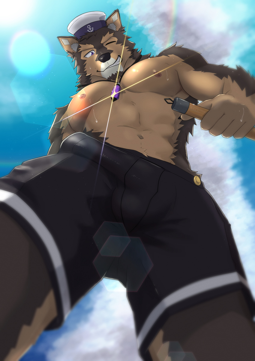 1boy ;) abs absurdres animal_ears bara between_pectorals black_shorts brown_fur bulge dog_boy dog_ears dog_tail dotsu_(wtnbkwiyd) erection erection_under_clothes feet_out_of_frame furry furry_male hat highres holding jewelry large_bulge large_pectorals live_a_hero looking_at_viewer male_focus muscular muscular_male navel necklace nipples one_eye_closed pectorals pubraseer_(live_a_hero) sailor_hat short_hair shorts smile solo sparkle stomach tail thick_thighs thighs topless_male