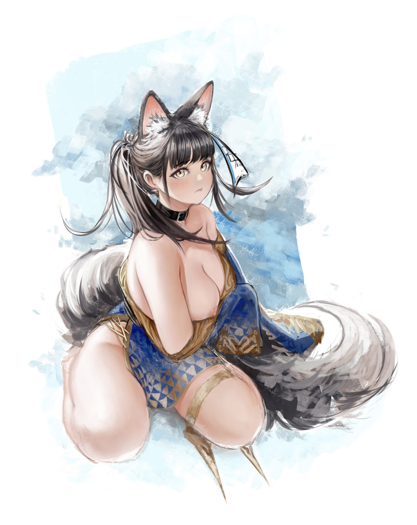 1girl animal_ear_fluff animal_ears azelweien bare_shoulders black_hair blue_dress breasts breasts_outside brown_eyes cat_ears cat_girl cat_tail choker closed_mouth commentary dress english_commentary gold_trim highres large_breasts long_hair looking_at_viewer nipples no_bra original solo tail thigh_strap traditional_media