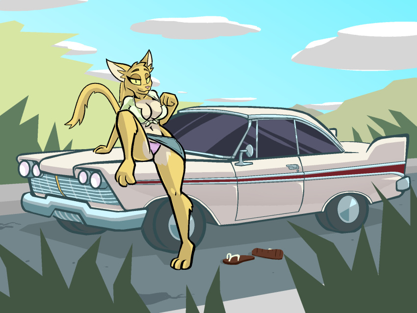 4:3 anthro aygee bedroom_eyes bethesda_softworks big_breasts breasts car clevage clothing eyelashes felid female fur hi_res khajiit mammal narrowed_eyes panties plymouth plymouth_fury pose raised_leg rajirra seductive sitting_on_car solo the_elder_scrolls underwear vehicle video_games yellow_body yellow_fur