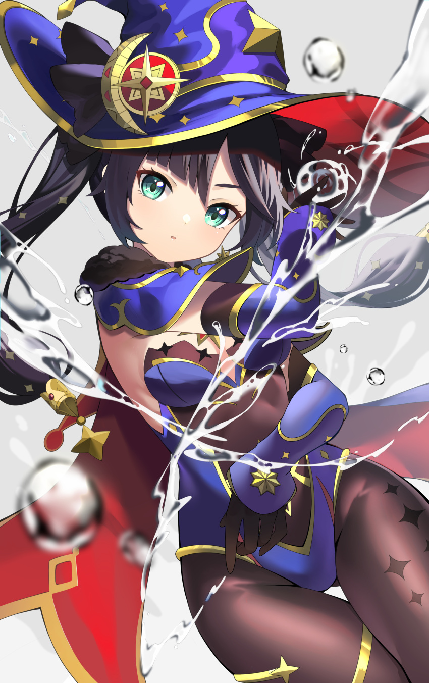 1girl :o absurdres aqua_eyes bangs black_bodysuit black_gloves black_hair blue_cape blue_leotard blue_sleeves blunt_bangs bodysuit breasts cape cleavage commentary crescent crescent_hat_ornament detached_sleeves dot_nose genshin_impact gloves gold_trim grey_background hair_between_eyes hair_ornament hat hat_ornament highres leotard long_hair long_sleeves looking_at_viewer medium_breasts mona_(genshin_impact) open_mouth pantyhose parted_lips purple_hair purple_headwear purple_sleeves shiny shiny_hair sidelocks simple_background sleeves_past_wrists small_breasts smile solo strapless strapless_leotard twintails two-sided_cape two-sided_fabric very_long_hair water water_drop witch_hat yuujin_(yuzinn333)