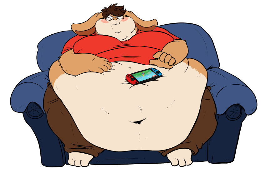 alpha_channel anthro belly belly_overhang big_belly blush brown_body brown_fur buckteeth chubby_cheeks clothed clothing dewlap_(anatomy) double_chin eyewear fatglaz fur furniture glasses hand_on_stomach hi_res lagomorph leporid love_handles male mammal moobs navel nintendo nintendo_switch obese obese_anthro obese_male overweight overweight_anthro overweight_male rabbit simple_background sitting smile sofa solo tan_body tan_fur teeth thick_thighs transparent_background video_games wide_hips