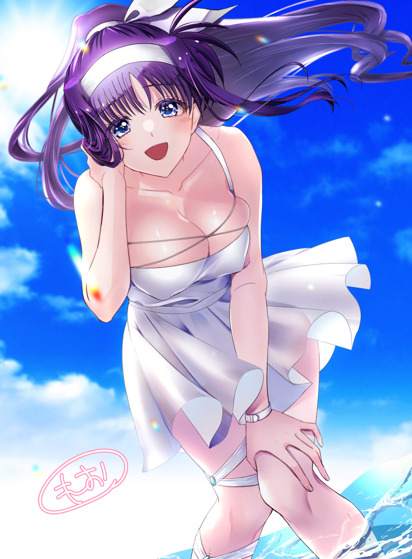 1girl absurdres blue_eyes blue_hair blush breasts cleavage cloud cloudy_sky collarbone covered_nipples dress eyebrows_visible_through_hair hair_ornament hair_ribbon hairband highres large_breasts leonis_g long_hair looking_at_viewer lyrical_nanoha mahou_shoujo_lyrical_nanoha open_mouth outdoors ribbon shiny shiny_hair shiny_skin sky smile solo tsukimura_suzuka white_dress