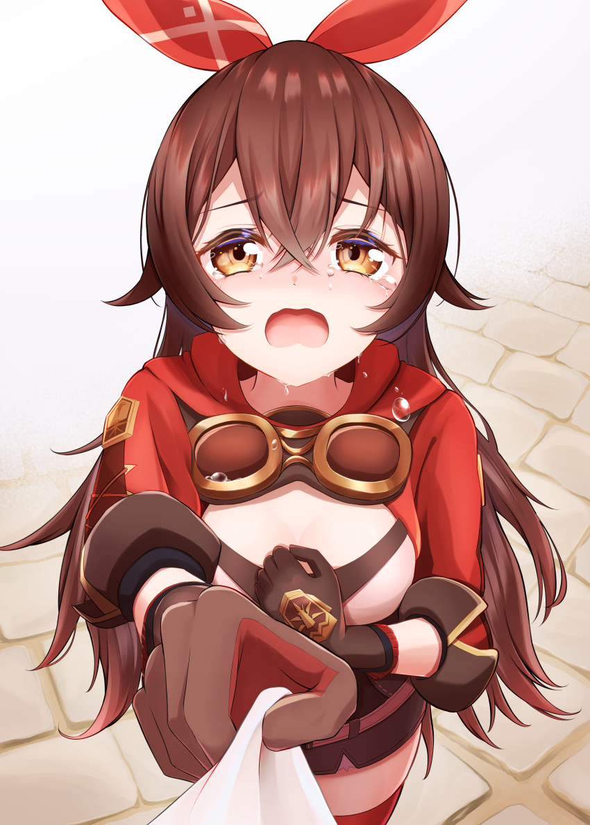 1girl absurdres amber_(genshin_impact) breasts brown_hair cleavage clothes_pull crying crying_with_eyes_open genshin_impact gloves hair_between_eyes hairband hand_on_own_chest highres jacket long_hair looking_at_viewer mattsi_hbkk medium_breasts pov red_hairband red_jacket sad shirt_pull shorts tearing_up tears thighhighs wavy_mouth yellow_eyes