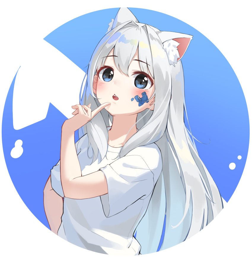 1girl absurdres animal_ear_fluff animal_ears blue_background blue_eyes blush cat_ears cat_girl commentary eyebrows_visible_through_hair fang finger_to_own_chin hair_between_eyes highres kimyo long_hair looking_at_viewer open_mouth original shirt short_sleeves silver_hair solo sticker teeth upper_body upper_teeth white_hair white_shirt