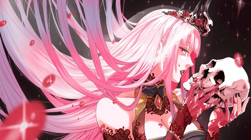 1girl absurdres bangs black_background blood blood_on_hands breasts cleavage cleavage_cutout clothing_cutout detached_sleeves floating_hair highres holding holding_skull hololive hololive_english large_breasts long_hair looking_at_viewer mori_calliope morishima_hitoshi parted_lips pink_eyes pink_hair portrait skull solo tiara veil very_long_hair virtual_youtuber