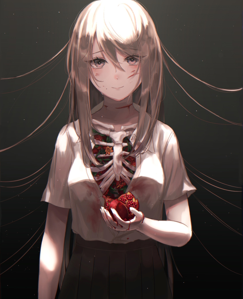 1girl arm_at_side bangs black_background bleeding blonde_hair blood blood_on_clothes blood_on_face blood_on_hands blush breasts buttons closed_mouth collarbone collared_shirt commentary_request crying crying_with_eyes_open eyelashes false_smile flower food fruit green_skirt highres holding holding_food holding_fruit injury large_breasts lips long_hair looking_at_viewer lucy_(rusi-juren328) open_clothes open_shirt original pleated_skirt pomegranate purple_eyes scar shirt short_sleeves sidelocks simple_background skeleton skirt slit_throat smile standing symbolism tears upper_body wing_collar yellow_flower