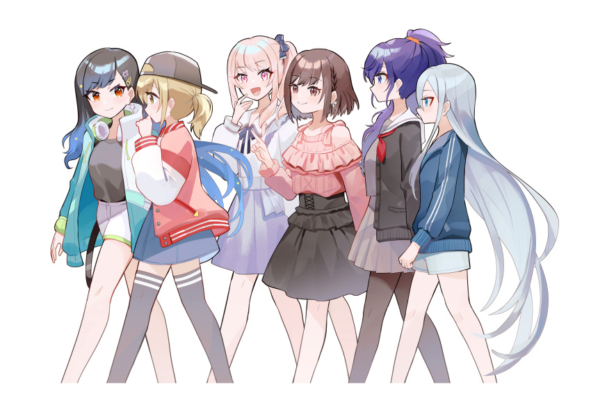 6+girls akiyama_mizuki asahina_mafuyu azusawa_kohane backwards_hat blonde_hair brown_hair hair_ornament hat highres jacket long_hair low_twintails multicolored_hair multiple_girls pink_hair ponytail project_sekai purple_hair qi'e_(penguin) ribbon school_uniform shinonome_ena shiraishi_an shorts skirt thighhighs twintails white_background white_hair yoisaki_kanade